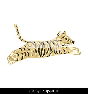 Tiger Sprung isoliert auf weißem Hintergrund. Niedlicher Charakter aus Safari im Streifen. Doodle-Vektor-Illustration. Stock Vektor