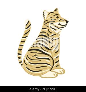 Tiger sitzt isoliert auf weißem Hintergrund. Niedlicher Charakter aus Safari im Streifen. Doodle-Vektor-Illustration. Stock Vektor