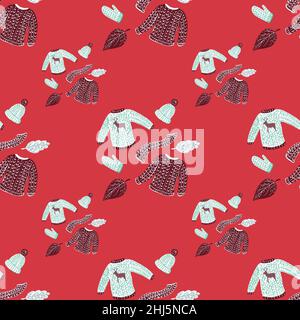 Trendige Mode nahtlose Muster mit blauen handgezeichneten Pullover, Hüte, Schals Ornament. Rosa Hintergrund. Abbildung des Bestandes. Vektor-Design für Textil, Stock Vektor