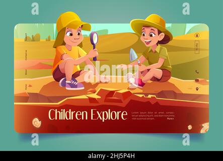 Kinder Archäologie erkunden Cartoon Landing Page. Kinder spielen in Archäologen arbeiten an Ausgrabungen, Junge und Mädchen graben Erde mit Schaufel, erkunden Artefakte mit Lupe, Vektor-Webbanner Stock Vektor