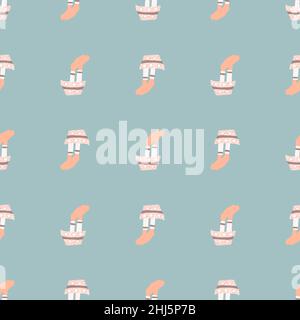 Handgezeichnetes nahtloses Muster mit Cartoon-Dampfschiff-Elementen. Blauer Hintergrund. Einfaches Design. Vektorgrafik für saisonale Textildrucke, Stoff, Stock Vektor