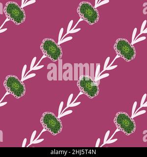 Abstrakte diagonale Blumen Ornament nahtlose Muster. Botanischer Weiß- und Gründruck auf violettem Hintergrund. Flacher Vektordruck für Textil, Stoff, Geschenkware Stock Vektor