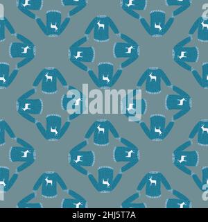 Cartoon abstrakt blau Pullover Ornament nahtlose Muster. Grauer Hintergrund. Kleidung im Hintergrund. Flacher Vektordruck für Textil, Stoff, Geschenkdrap, Tapete Stock Vektor