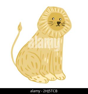 Lion sitzt isoliert auf weißem Hintergrund. Zirkusfigur von Safari mit Mähne. Doodle-Vektor-Illustration. Stock Vektor