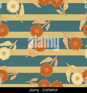 Nahtloses Zufallsmuster mit Sommerfeld-Sonnenblumen-Silhouetten in orangefarbenen Tönen. Blau gestreifter Hintergrund. Grafikdesign für Geschenkpapier und fabri Stock Vektor