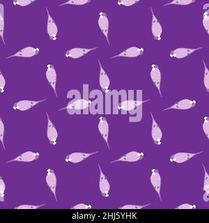 Geometrisches, abstraktes Nahtmuster mit Papageienkritzeldruck. Violetter Hintergrund. Im Hintergrund des Zoos. Flacher Vektordruck für Textil, Stoff, Geschenkdrap, Wallpa Stock Vektor