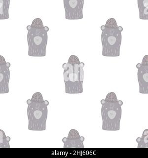 Isoliertes Nahtmuster mit pastellviolettem Bärenkopf-Druck. Weißer Hintergrund. Kindlicher Hintergrund. Vektor-Illustration für saisonale Textildrucke, fa Stock Vektor