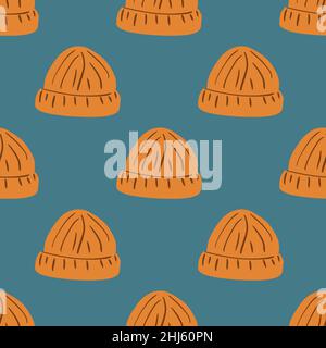 Konturierte orangefarbene Mütze mit nahtlosem Muster. Hipster Kleidung Ornament auf blau blassen Hintergrund. Abbildung des Bestandes. Vektor-Design für Textil, Stoff, Stock Vektor