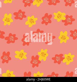 Sommer Cartoon nahtlose Muster mit kindlichen Blumen Elemente. Rosa Hintergrund. Gelbe Elemente. Abbildung des Bestandes. Vektor-Design für Textil, fabri Stock Vektor