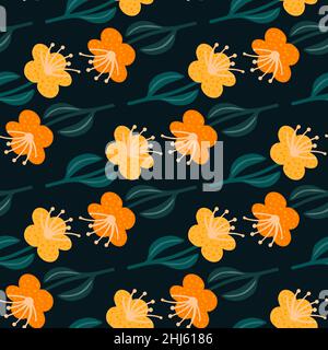Scrapbook nahtlose botanische Muster mit orange flowe Silhouetten. Schwarzer Hintergrund. Einfaches Design. Abbildung des Bestandes. Vektor-Design für Textil, fabr Stock Vektor