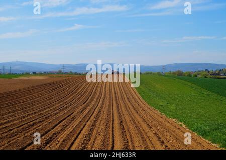 Ein Traktor am Horizont eines frisch zubereiteten Kartoffelfeldes. Stockfoto