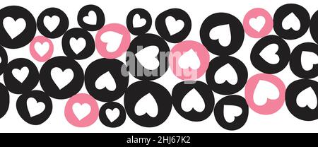 Herz formt einen nahtlosen Vektorrahmen. Wiederholtes horizontales Muster mit schwarzen und rosa Herzen in Kreisen. Dekorative handgezeichnete niedliche Grenze für Stock Vektor