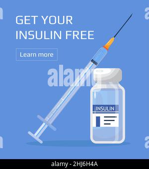 Vektor der Insulinkontrolle. Erhalten Sie Ihre Insulinspritze kostenlos, eine Spritze für Diabetiker. Spritze mit Impfstoffflasche.Behandlung Diabetes Typ 2, Bewusstsein Stock Vektor