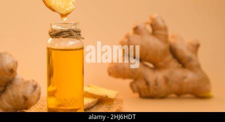 Glasflasche mit ätherischem Ingweröl, Ingwerwurzel auf beigem Hintergrund. Gesundes alternatives Leben. Zingiber officinale natürliche kosmetische Inhaltsstoffe Stockfoto