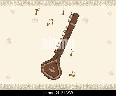 Indian Classical Music Instrument Sitar mit feinem Pfauenkopf. Indische Hochzeit von Musikinstrumenten Sitar mit kreativen Designs Stock Vektor