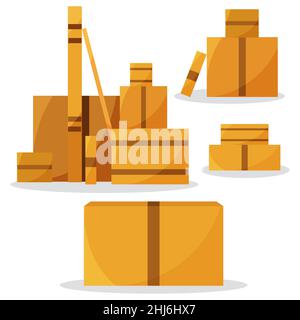 Satz von verschiedenen Größen von Kartons isoliert auf weiß. Flach verpackt. Stock Vektor