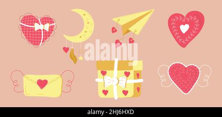 Durchbrochen, Stoff Herz Vektor in Doodle syle.Bohemian Pink Papier Ikone Herz, valentine, Brief Sammlung gesetzt. Valentinstag-Symbole. Stock Vektor