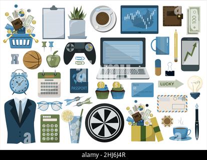 Symbole für Finanzanlagen. Vector Flat Office-Symbole. Eine große Zeichentrickserie für Unternehmen. Modernes Set für die Bank Stock Vektor