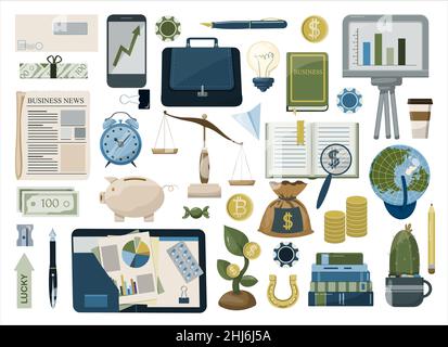 Symbole für Finanzanlagen. Vector Flat Office-Symbole. Eine große Zeichentrickserie für Unternehmen. Modernes Set für die Bank Stock Vektor