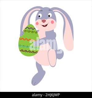 Die Zeichentrickfigur Osterhase ist ein Kaninchen mit einem bemalten Osterei. Vektor auf weißem Hintergrund isoliert Stock Vektor