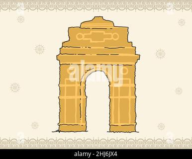 Gekritzelte Illustration des Indian Gate, berühmtes Denkmal, das am Tag der indischen Republik veranstaltet wird. Reise A Stock Vektor