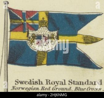 Schwedischer Königsstandard. Norwegischer Roter Boden, Blaues Kreuz. Johnsons neues Diagramm der nationalen Embleme, 1868. Stockfoto