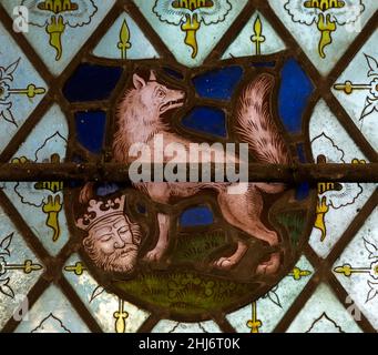 Buntglasfenster c 1883 Heaton, Butler & Bayne, Oakley Church, Suffolk, England - Detail des Fuchses Stockfoto