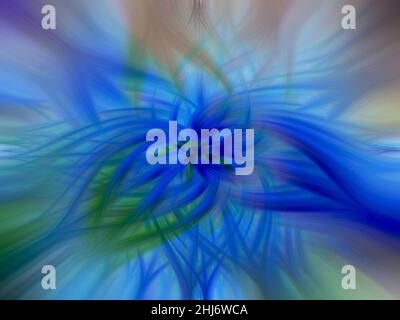 Blau gefärbte abstrakt gedrehte Lichtfasern strukturierte Hintergrunddesigns Stockfoto