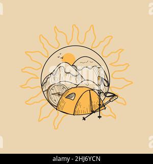 Ein Camping-Emblem mit handgezeichneten Elementen im Doodle-Stil. Berge, Zelte, Kompass und Wanderstöcke. Gegenstände für Camping und Outdoor-Erholung. Stock Vektor