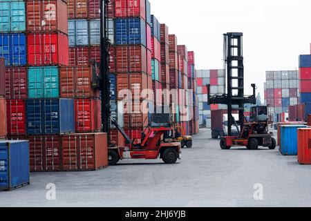 Container-Gabelstapler im Hinblick auf die Containerhofindustrie Stockfoto