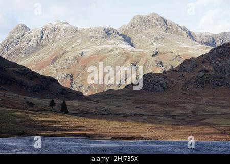 Blick nach Westen über Blea tarn zu Pike O'Blisco und Harrison Stickle im Great Langdale Valley Stockfoto