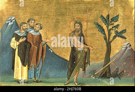 Synaxis of Saint John the Holy Glorious Prophet, Baptist, and Forerunner (Menologion von Basil II). Stockfoto