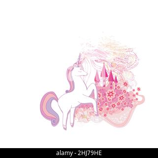 Schönes Einhorn und ein rosa Märchenschloss, ornamentale florale Ikone Stock Vektor