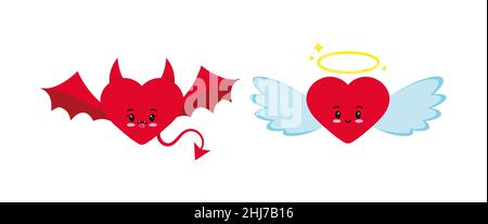 Engel und Teufel Herz niedlichen Charakter Symbol auf weißem Hintergrund isoliert gesetzt. Stock Vektor