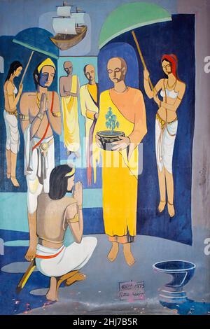 Artwork Painting in Chetiyagiri Vihar von der Mahabodhi Society of Sri Lanka in Sanchi, Madhya Pradesh, Indien. Stockfoto