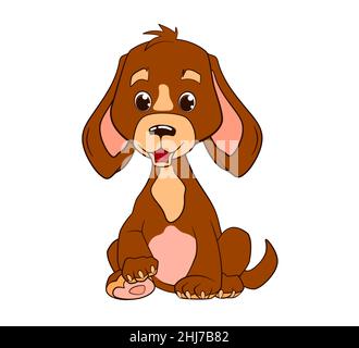 Ein kleiner lustiger brauner Welpe mit Floppy-Ohren sitzt auf seinen Hinterbeinen. Vektorgrafik, Cartoon-Stil, schwarze und weiße Linie Stock Vektor