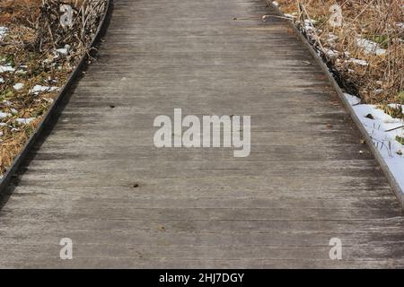 Authentischer Holzsteg, der mitten im Winter die gefrorenen Wildblumenfelder überquert. Stockfoto
