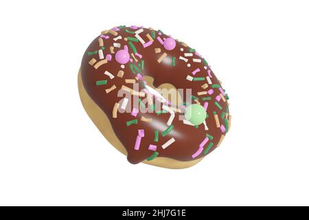 Appetitlich Donut mit Schokoladenvereisung bedeckt mit bunten Streuseln auf weißem Isolat, 3D Rendering. Gute Karte. Stockfoto