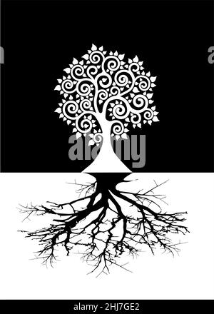 Konzept des heiligen Baumes des Lebens und der Wurzeln, die Bodhi-Baumlogo-Vorlage, Silhouette-Symbolvektor isoliert auf schwarzem und weißem Hintergrund Stock Vektor