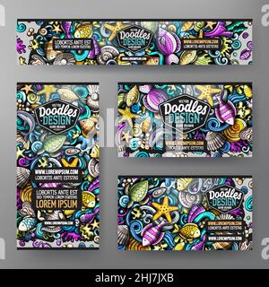 Cartoon Vektor Doodle Satz von Sea Life Corporate Identity Vorlagen. Stock Vektor