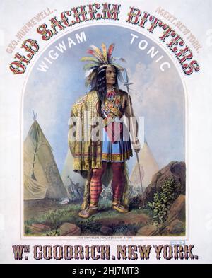 Antike und Vintage-Illustration - Native american / Old Sachem Bitters - Wigwam Tonic - WM. Goodrich, New York, Sarony, Major & Knapp Lith. 1859. Stockfoto