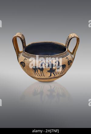 Geometrische Periode griechischen Keramik Kantharos Qith Krieger und Pferde Design, Tiryns Grab XXII, 730-680 v. Chr. . Archäologisches Museum Nafplion.: Gegen gre Stockfoto