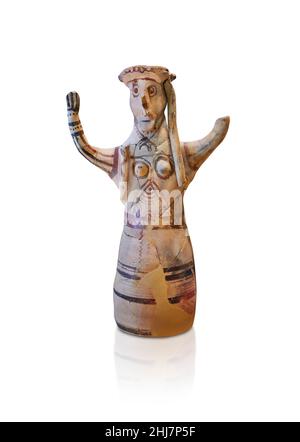 Mykenische Töpferfigur Figur einer Göttin auf einem Töpferrad gemacht, Tiryns untere Zitadelle, 12th Cent v. Chr.. Vor weißem Hintergrund. Fotograf Stockfoto