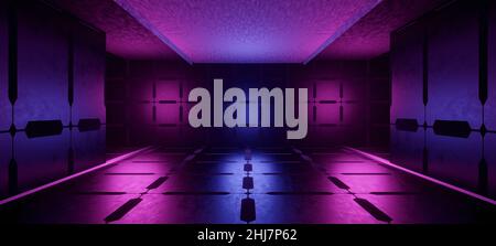 Blank futuristisch Club futuristisch Flur Raumschiff Innenraum Avant Garde Glow mit Midnight Blue Farben Hintergrund SciFi Concept 3D Rendering Stockfoto
