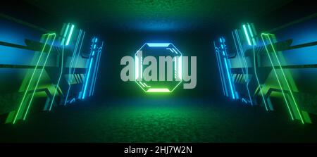 Cyber Vibrant Laser HUD Podium Grün Blau Neon Fluoreszenz Sci Fi futuristischer Flur Lager Tunnel Party Club Raumschiff Korridor 3D Rendering Stockfoto