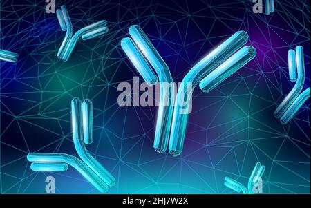 Ergebnis des Antikörperimmunglobulin-Coronavirus-Impfstoffs. 3D medizinisches Infektionsmodell. Vorlage für das COVID-Poster zur Immunisierung. Bluttest Green-Pass-Zertifikat Stock Vektor