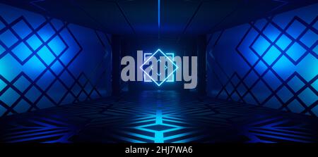 Neon Lights Glowing Vibrant Blue Corridor Grunge Concrete Dark Reflective Virtual Podium Garage Stage Udnerground Raumschiff 3D Rendering Stockfoto