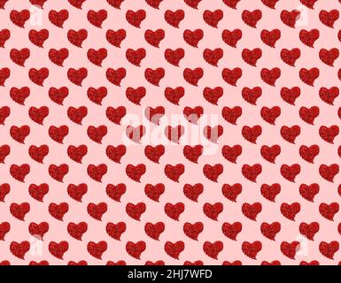 Valentinstag. Rote Herzen. Nahtloses Muster mit Herzen und Konfetti auf rosa Hintergrund. Festliche Designs für Verpackung, Stoff, Hochzeit, w Stockfoto