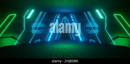 Alien Podium revolutionäre Glow Lighting mit dunklen Cyan Farben abstrakter Hintergrund Digital Futurism Concept 3D Render Stockfoto
