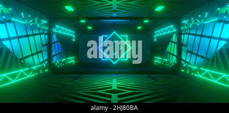 Alien Underground Flur Avant Garde Dunkel mit dunklen Cyan Farben Alien Concept 3D Illustration Stockfoto